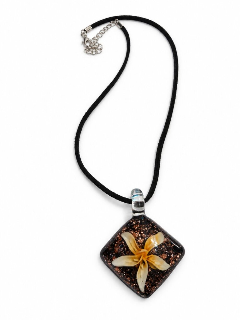 Yellow Flower Pendant Necklace with Copper Sparkle & Black Cord